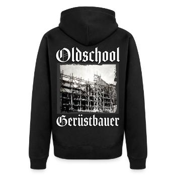 Gerüstbauer Shirt / Oldschool Gerüstbauer bedruckt - Unisex Premium Bio Zip Hoodie - Schwarz - Hinten - Nico (187cm)
