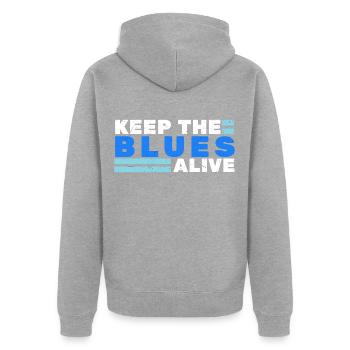 Blues - Unisex Premium Bio Zip Hoodie - Grau meliert - Hinten - Nico (187cm)