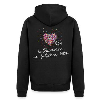HERZLICH WILLKOMMEN IM FALSCHEN FILM - Unisex Premium Bio Zip Hoodie - Schwarz - Hinten - Nico (187cm)