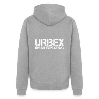 URBEX URBAN EXPLORING Fashion by custom design - Unisex Premium Bio Zip Hoodie - Grau meliert - Hinten - Nico (187cm)