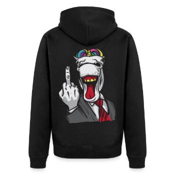 Einhorn Mittelfinger Business - Unisex Premium Bio Zip Hoodie - Schwarz - Hinten - Nico (187cm)