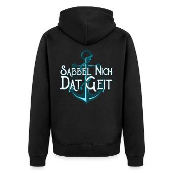 Sabbel Nich Dat Geit - Unisex Premium Bio Zip Hoodie - Schwarz - Hinten - Nico (187cm)