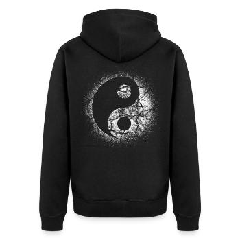 Weißes cooles Yin Yang Zeichen in Erde gerissen - Unisex Premium Bio Zip Hoodie - Schwarz - Hinten - Nico (187cm)