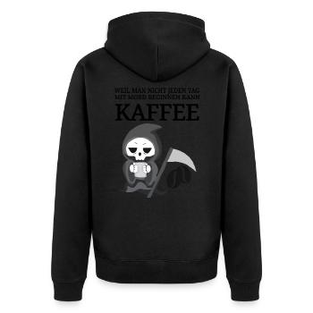 lustiger Kaffee Spruch Kaffeespruch Coffee Tod - Unisex Premium Bio Zip Hoodie - Schwarz - Hinten - Nico (187cm)