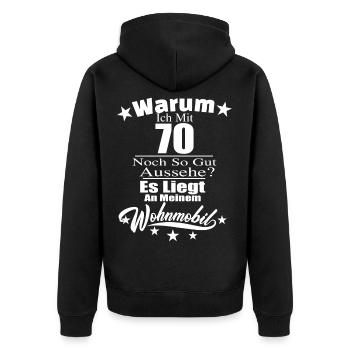 Warum ich mit 70 noch gut aussehe? Wohnmobil Campe - Unisex Premium Bio Zip Hoodie - Schwarz - Hinten - Nico (187cm)
