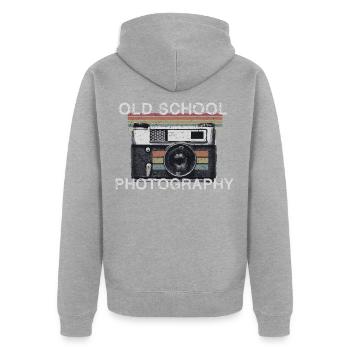 Photographie cadeau de la vieille école - Veste à capuche bio Premium Unisexe - gris chiné - Dos - Nico (187cm)