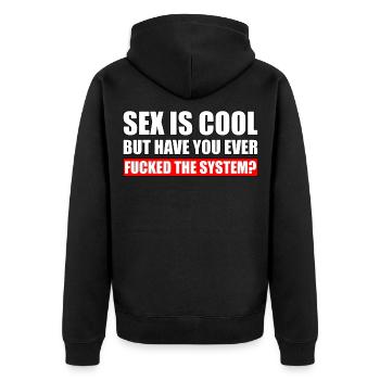 Fuck the System Demo Demonstration Protest Geschen - Unisex Premium Bio Zip Hoodie - Schwarz - Hinten - Nico (187cm)
