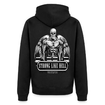 Totenkopf, Schädel Muskel Bodybuilder mit Hanteln - Unisex Premium Bio Zip Hoodie - Schwarz - Hinten - Nico (187cm)