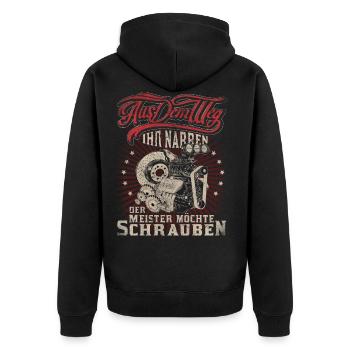 Werkstatt Shirt - Unisex Premium Bio Zip Hoodie - Schwarz - Hinten - Nico (187cm)
