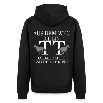 Tuniertrottel ich mach hier alles - Pferd Rappe - Unisex Premium Bio Zip Hoodie - Schwarz - Hinten - Nico (187cm)