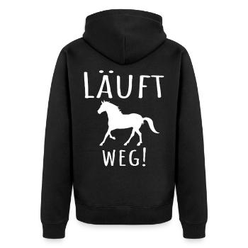 Lustiger Pferdespruch: Läuft weg! Mit Pferd. - Unisex Premium Bio Zip Hoodie - Schwarz - Hinten - Nico (187cm)