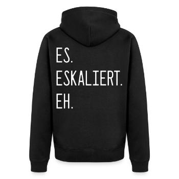 Spruch - Es. Eskaliert. Eh. - Unisex Premium Bio Zip Hoodie - Schwarz - Hinten - Nico (187cm)