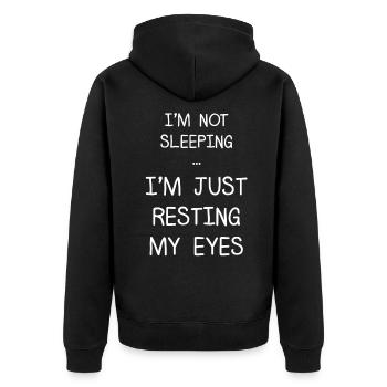 Ich schlafe nicht. - Unisex Premium Bio Zip Hoodie - Schwarz - Hinten - Nico (187cm)