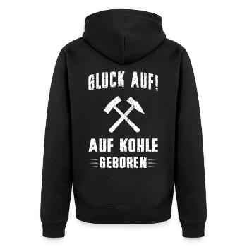 Glück Schalke Auf Kohle geboren Ruhrpott Malocher - Unisex Premium Bio Zip Hoodie - Schwarz - Hinten - Nico (187cm)