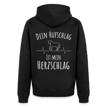 Dein Hufschlag ist mein Herzschlag, Pferdemotiv - Unisex Premium Bio Zip Hoodie - Schwarz - Hinten - Nico (187cm)