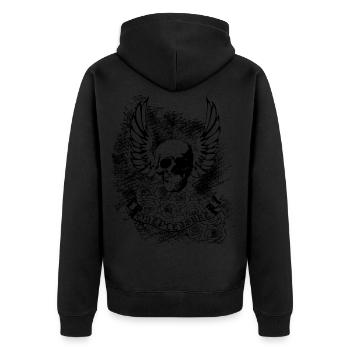 OnePleasure Skull Wings Roses Banner Gift - Unisex Premium Organic Zip Hoodie - black - Back - Nico (187cm)