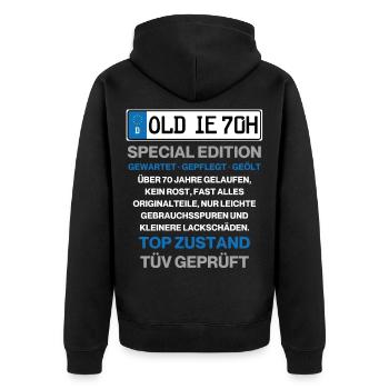 Oldie Kennzeichen 70. Geburtstag Geschenkidee - Unisex Premium Bio Zip Hoodie - Schwarz - Hinten - Nico (187cm)