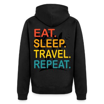 Eat Sleep travel repeat Geschenk für traveler - Unisex Premium Bio Zip Hoodie - Schwarz - Hinten - Nico (187cm)