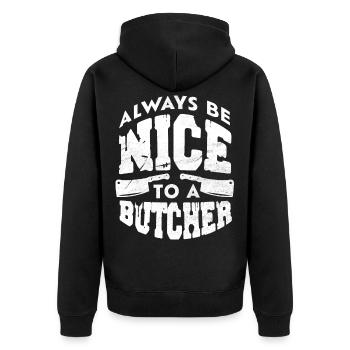 Metzger Fleisch Schlachter Wurst Geschenk - Unisex Premium Bio Zip Hoodie - Schwarz - Hinten - Nico (187cm)