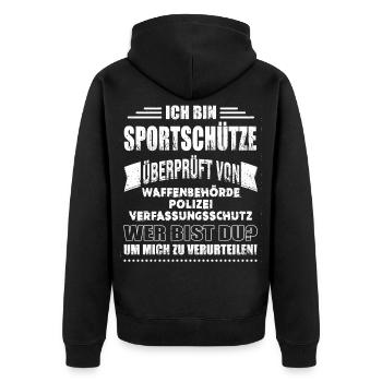 Überprüfter Sportschütze - Wer bist Du? Geschenk - Unisex Premium Bio Zip Hoodie - Schwarz - Hinten - Nico (187cm)