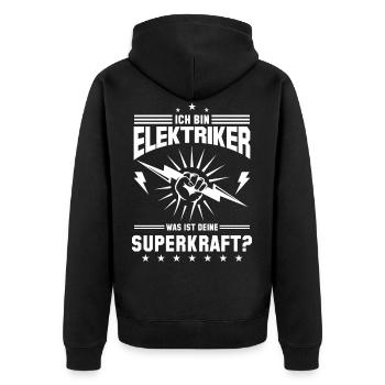 ICH BIN ELEKTRIKER WAS IST DEINE SUPERKRAFT Spruch - Unisex Premium Bio Zip Hoodie - Schwarz - Hinten - Nico (187cm)