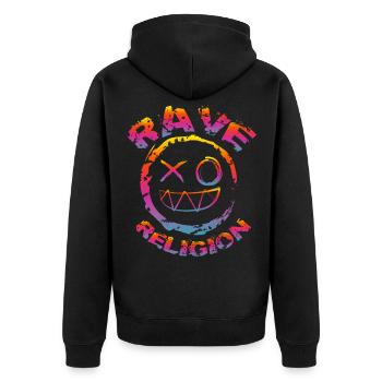 Raving Religion Techno Edm Trance Festival Outfit - Unisex Premium Bio Zip Hoodie - Schwarz - Hinten - Nico (187cm)