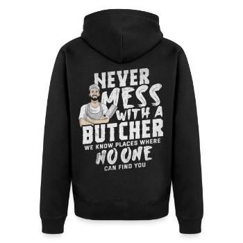 Metzger Fleisch Schlachter Wurst Geschenk - Unisex Premium Bio Zip Hoodie - Schwarz - Hinten - Nico (187cm)