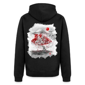 Mount Fuji hinter einem Kirschbaum - Unisex Premium Bio Zip Hoodie - Schwarz - Hinten - Nico (187cm)