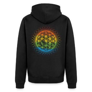Bunte Blume des Lebens Sonne Heilige Geometrie - Unisex Premium Bio Zip Hoodie - Schwarz - Hinten - Nico (187cm)