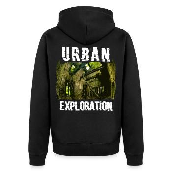 Urban Exploration Geschenk für Urbex Freunde - Unisex Premium Bio Zip Hoodie - Schwarz - Hinten - Nico (187cm)