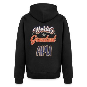WORLDS GREATEST APU - Unisex Premium Bio Zip Hoodie - Schwarz - Hinten - Nico (187cm)