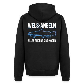 Wels Angeln, alles andere sind Köder - Unisex Premium Bio Zip Hoodie - Schwarz - Hinten - Nico (187cm)
