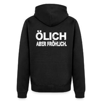 Lustiger Auto Mechniker Spruch Ölich aber Fröhlich - Unisex Premium Bio Zip Hoodie - Schwarz - Hinten - Nico (187cm)