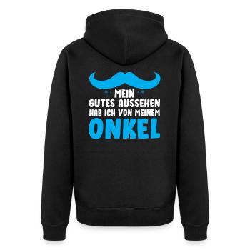 Mein gutes Aussehen habe ich von meinem Onkel - Unisex Premium Bio Zip Hoodie - Schwarz - Hinten - Nico (187cm)