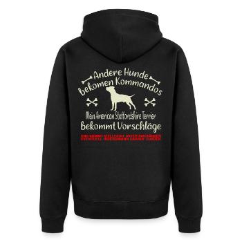 American Staffordshire Terrier bekommt Vorschläge - Unisex Premium Bio Zip Hoodie - Schwarz - Hinten - Nico (187cm)
