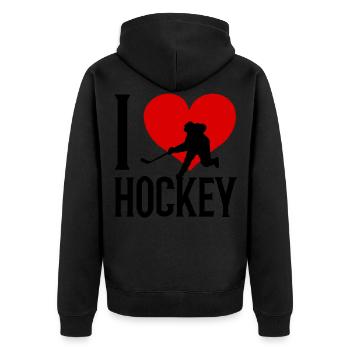 Hockeyteam Feldhockey i love Eishockey Ice Hockey - Unisex Premium Bio Zip Hoodie - Schwarz - Hinten - Nico (187cm)