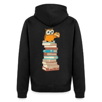 Eule mit Kaffee auf Bücher - Unisex Premium Bio Zip Hoodie - Schwarz - Hinten - Nico (187cm)