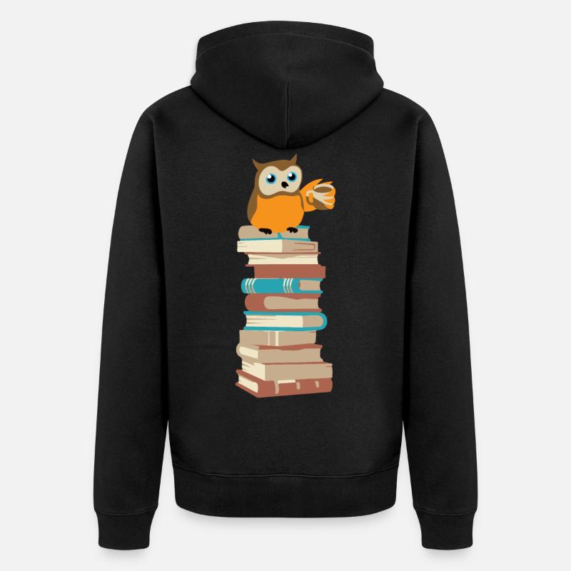 Eule mit Kaffee auf Bücher - Unisex Premium Bio Zip Hoodie - Schwarz