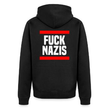 Fuck Nazis - Unisex Premium Bio Zip Hoodie - Schwarz - Hinten - Nico (187cm)