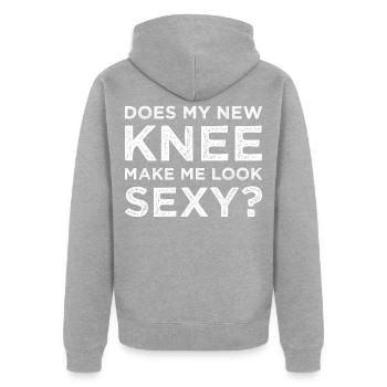 Knie Knieoperation Knieprothese Spruch - Unisex Premium Bio Zip Hoodie - Grau meliert - Hinten - Nico (187cm)