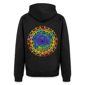 Lebendiges Mandala spirituell mit bunten Farben - Unisex Premium Bio Zip Hoodie - Schwarz - Hinten - Nico (187cm)
