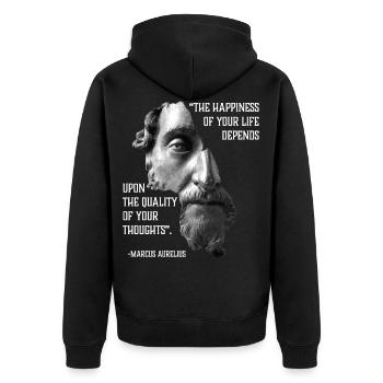 Citation stoïcienne Marc Aurèle Le bonheur de votre vie - Veste à capuche bio Premium Unisexe - noir - Dos - Nico (187cm)