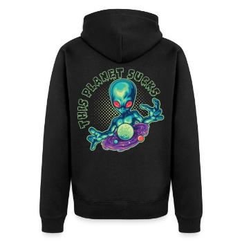 Lustig Alien Kopf This Planet Sucks - Unisex Premium Bio Zip Hoodie - Schwarz - Hinten - Nico (187cm)
