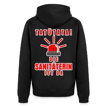 Sanitäterin im Rettungsdienst Spruch - Unisex Premium Bio Zip Hoodie - Schwarz - Hinten - Nico (187cm)