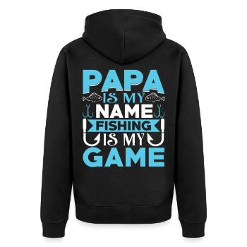 Papa iy my name fishing is my Game - Unisex Premium Bio Zip Hoodie - Schwarz - Hinten - Nico (187cm)