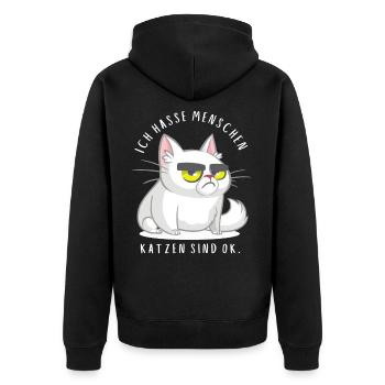 Ich hasse Menschen Katzen sind ok - Unisex Premium Bio Zip Hoodie - Schwarz - Hinten - Nico (187cm)