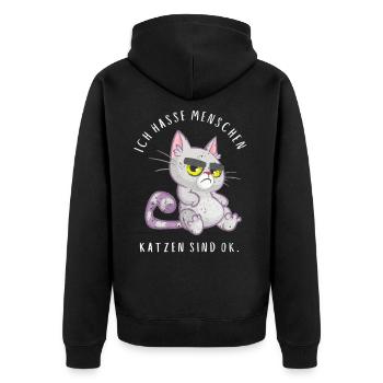 Ich hasse Menschen Katzen sind ok - Unisex Premium Bio Zip Hoodie - Schwarz - Hinten - Nico (187cm)