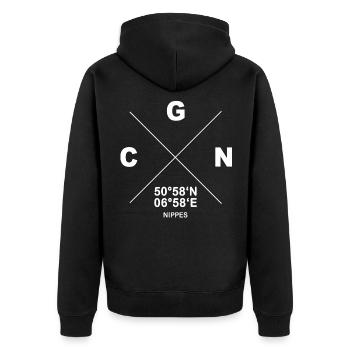 CGN Köln Nippes Veedel Koordinaten Geschenk - Unisex Premium Bio Zip Hoodie - Schwarz - Hinten - Nico (187cm)