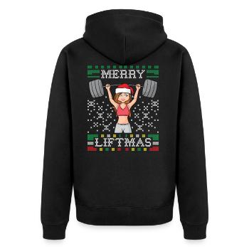 Merry Liftmas Ugly Christmas Sweater Miss Santa Gy - Unisex Premium Bio Zip Hoodie - Schwarz - Hinten - Nico (187cm)