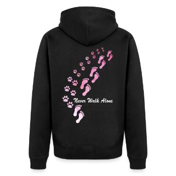Hunde Design mit “ Never Walk Alone “ Hunde Motiv - Unisex Premium Bio Zip Hoodie - Schwarz - Hinten - Nico (187cm)